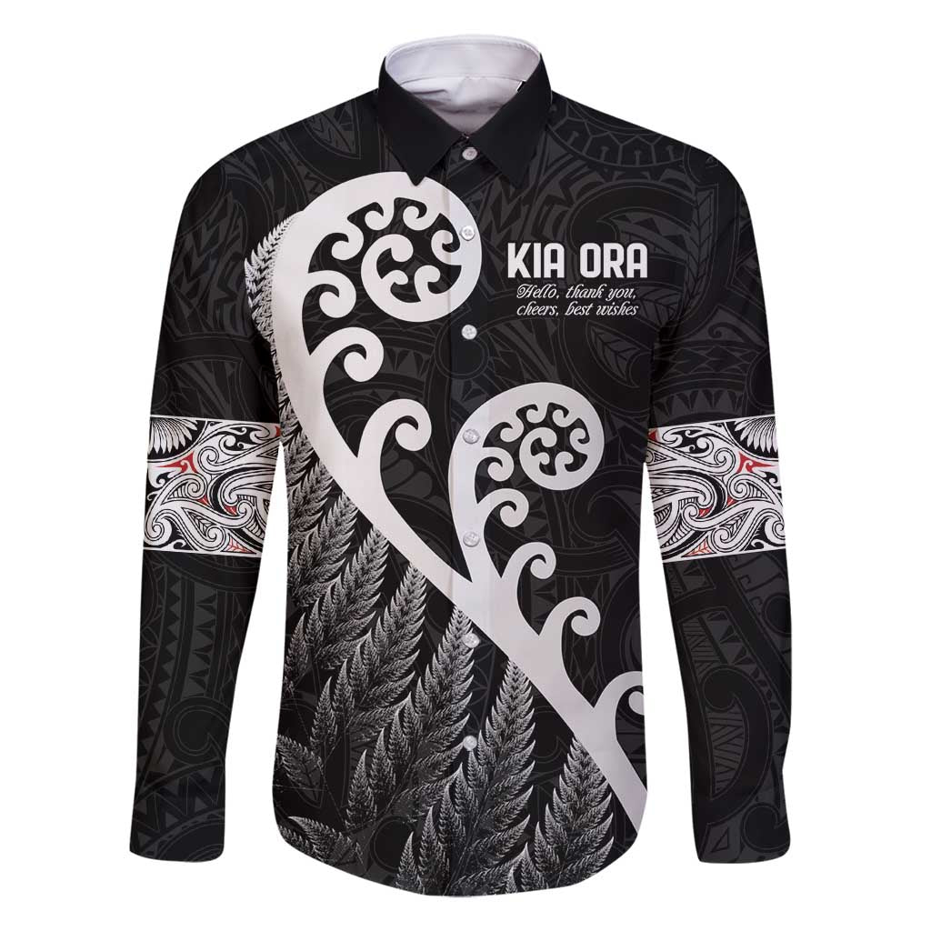 Kia Ora Maori Language Family Matching Summer Maxi Dress and Hawaiian Shirt Te Reo Maori Koru Fern Art LT9 Dad's Shirt - Long Sleeve Black - Polynesian Pride