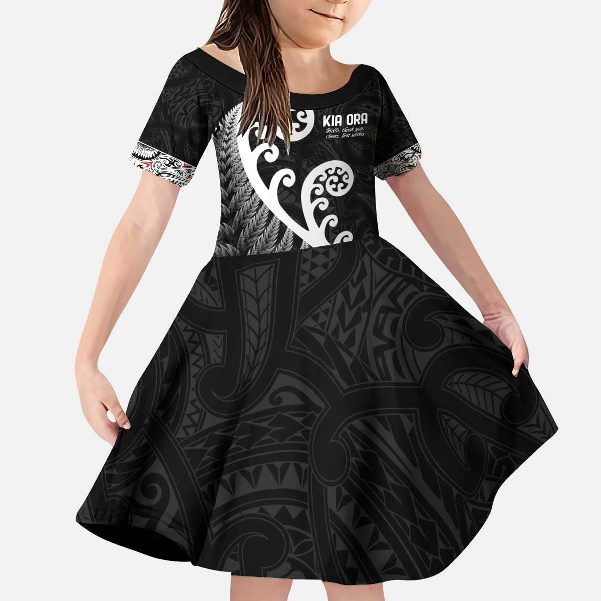 Kia Ora Maori Language Kid Short Sleeve Dress Te Reo Maori Koru Fern Art LT9 KID Black - Polynesian Pride