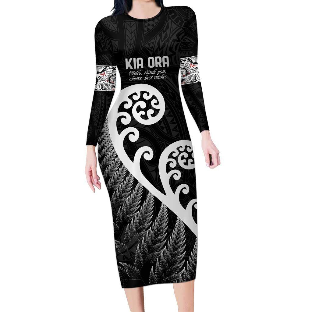Kia Ora Maori Language Long Sleeve Bodycon Dress Te Reo Maori Koru Fern Art LT9 Long Dress Black - Polynesian Pride