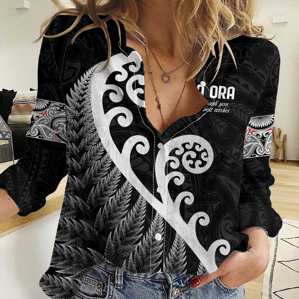 Kia Ora Maori Language Women Casual Shirt Te Reo Maori Koru Fern Art LT9 Female Black - Polynesian Pride