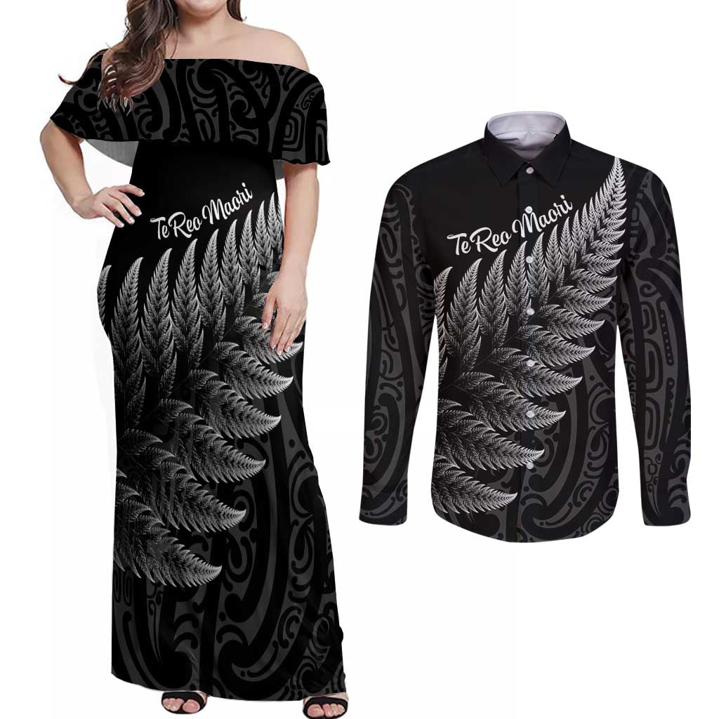 New Zealand Te Reo Mori Couples Matching Off Shoulder Maxi Dress and Long Sleeve Button Shirt Simple Black Fern LT9 Black - Polynesian Pride