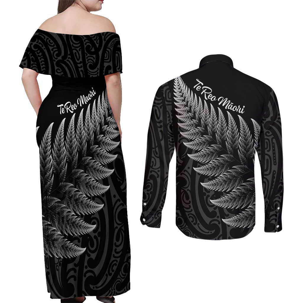New Zealand Te Reo Mori Couples Matching Off Shoulder Maxi Dress and Long Sleeve Button Shirt Simple Black Fern LT9 - Polynesian Pride