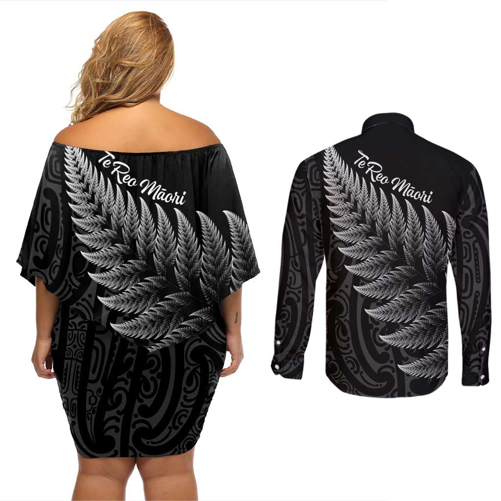 New Zealand Te Reo Mori Couples Matching Off Shoulder Short Dress and Long Sleeve Button Shirt Simple Black Fern LT9 - Polynesian Pride