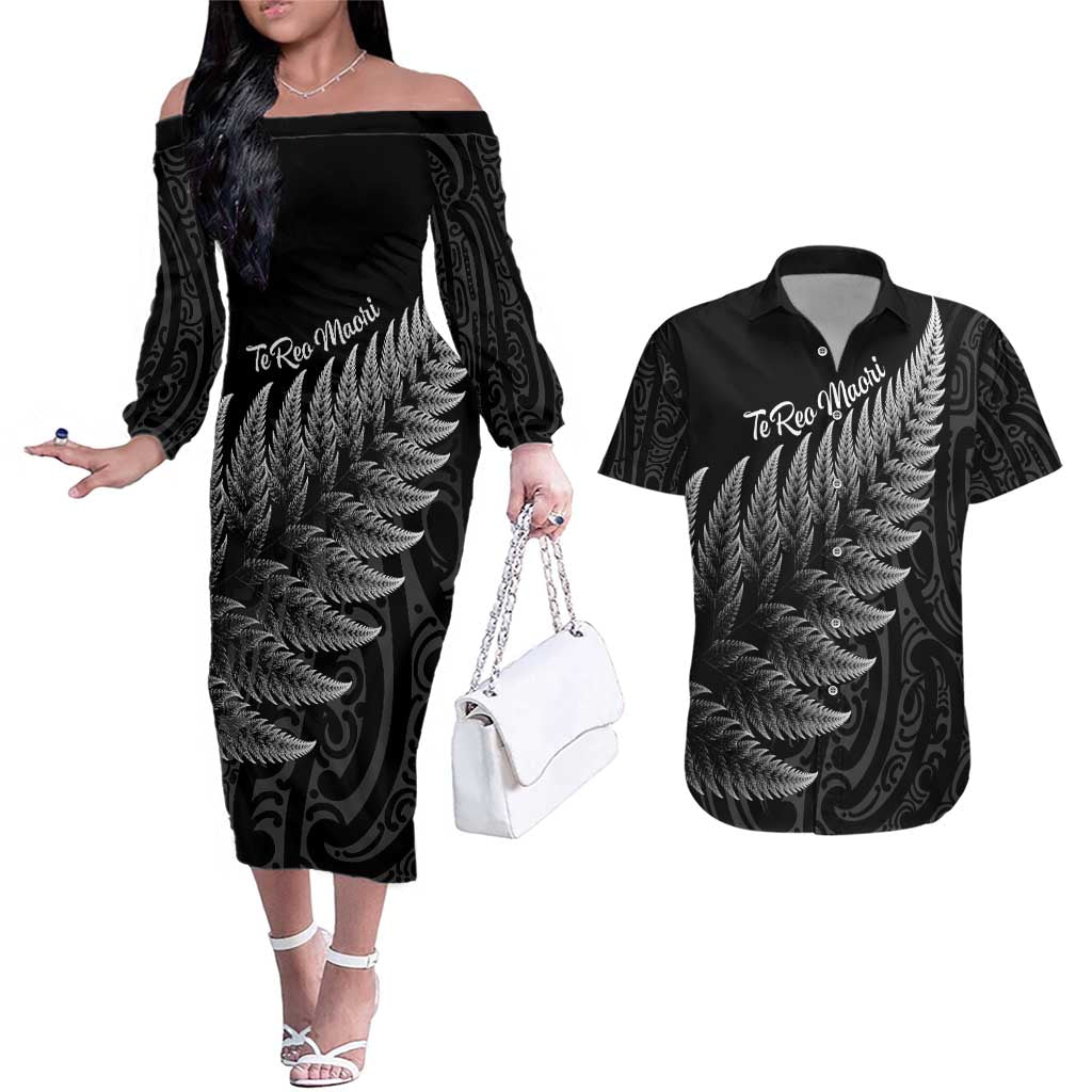 New Zealand Te Reo Mori Couples Matching Off The Shoulder Long Sleeve Dress and Hawaiian Shirt Simple Black Fern LT9 Black - Polynesian Pride