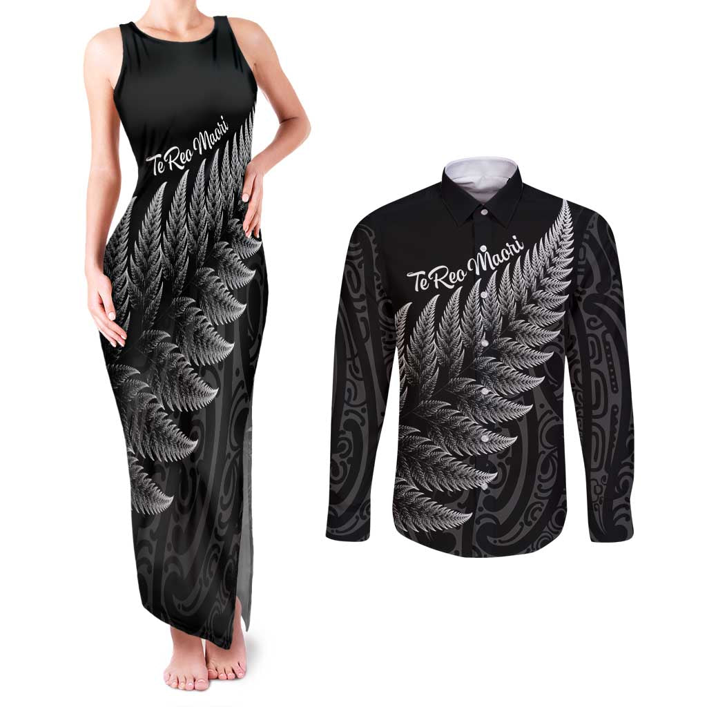 New Zealand Te Reo Mori Couples Matching Tank Maxi Dress and Long Sleeve Button Shirt Simple Black Fern LT9 Black - Polynesian Pride