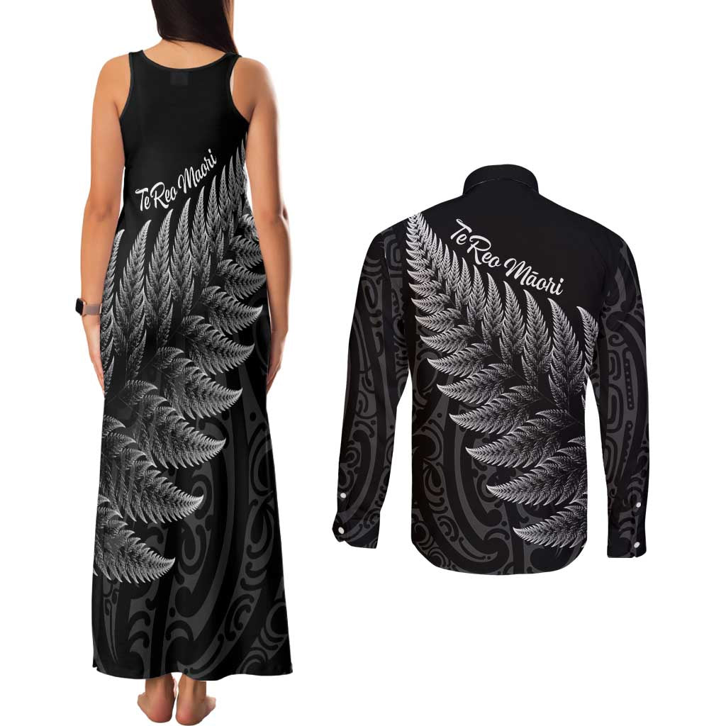 New Zealand Te Reo Mori Couples Matching Tank Maxi Dress and Long Sleeve Button Shirt Simple Black Fern LT9 - Polynesian Pride