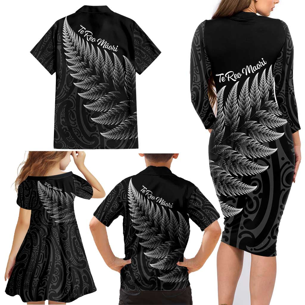 New Zealand Te Reo Māori Family Matching Long Sleeve Bodycon Dress and Hawaiian Shirt Simple Black Fern