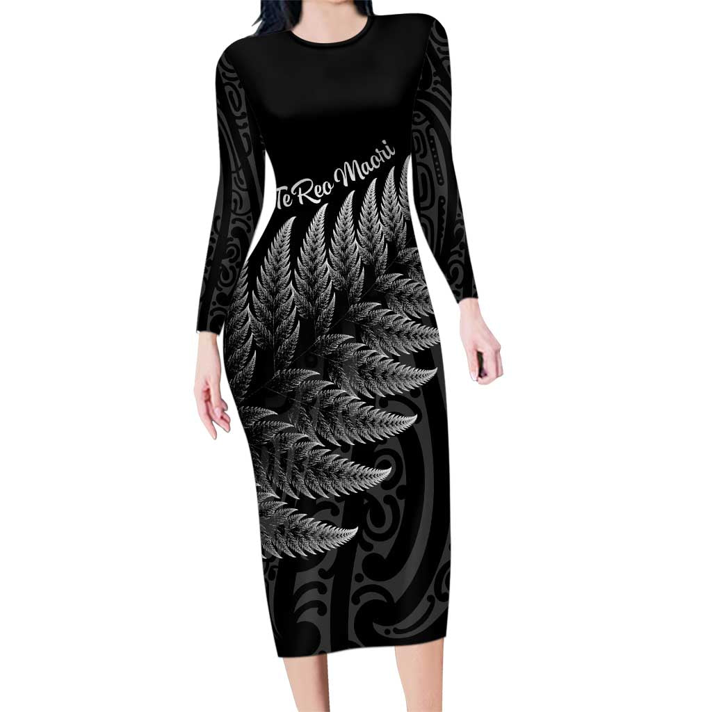 New Zealand Te Reo Māori Family Matching Long Sleeve Bodycon Dress and Hawaiian Shirt Simple Black Fern