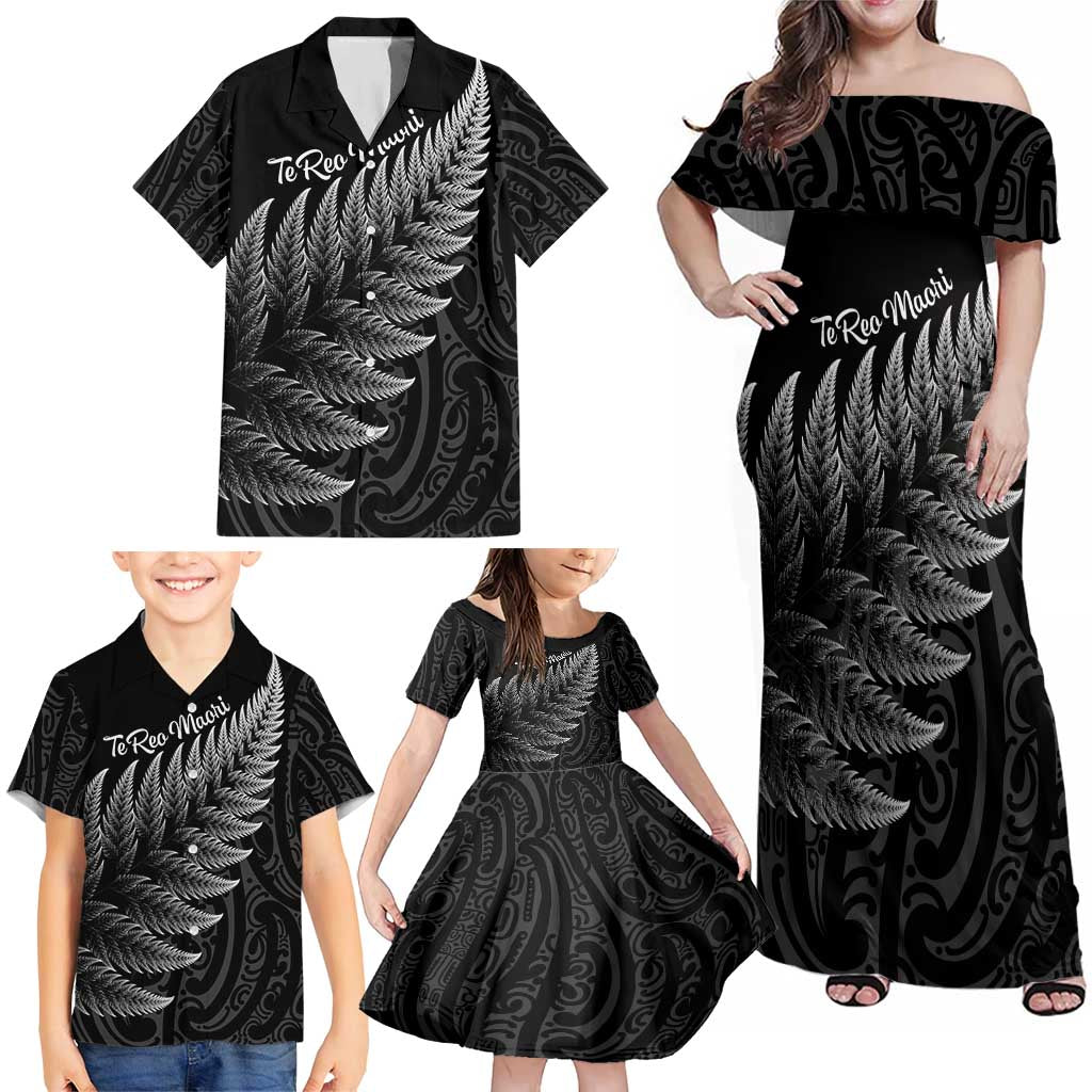 New Zealand Te Reo Mori Family Matching Off Shoulder Maxi Dress and Hawaiian Shirt Simple Black Fern LT9 - Polynesian Pride