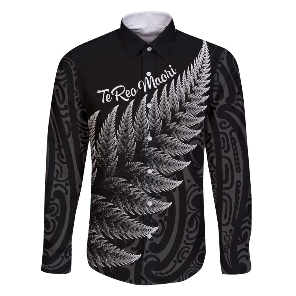 New Zealand Te Reo Mori Family Matching Off Shoulder Short Dress and Hawaiian Shirt Simple Black Fern LT9 Dad's Shirt - Long Sleeve Black - Polynesian Pride