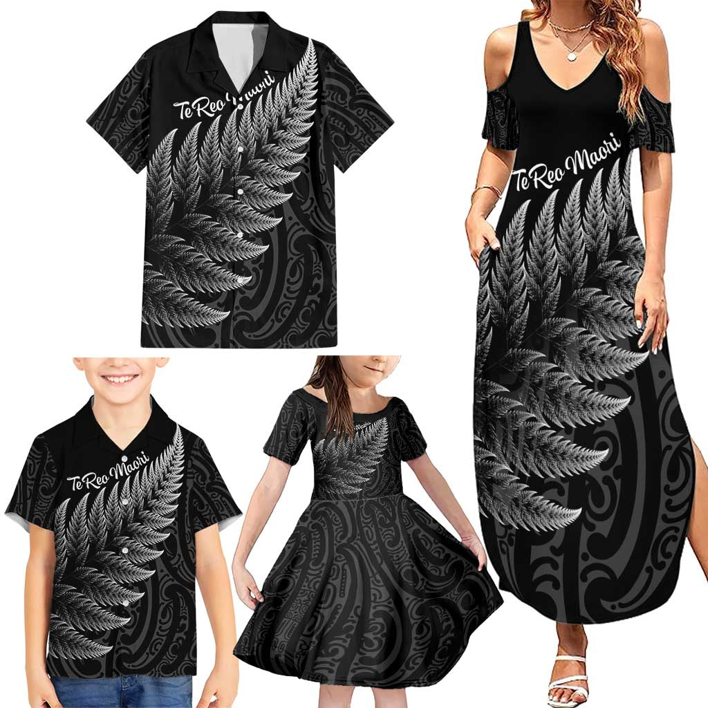New Zealand Te Reo Mori Family Matching Summer Maxi Dress and Hawaiian Shirt Simple Black Fern LT9 - Polynesian Pride