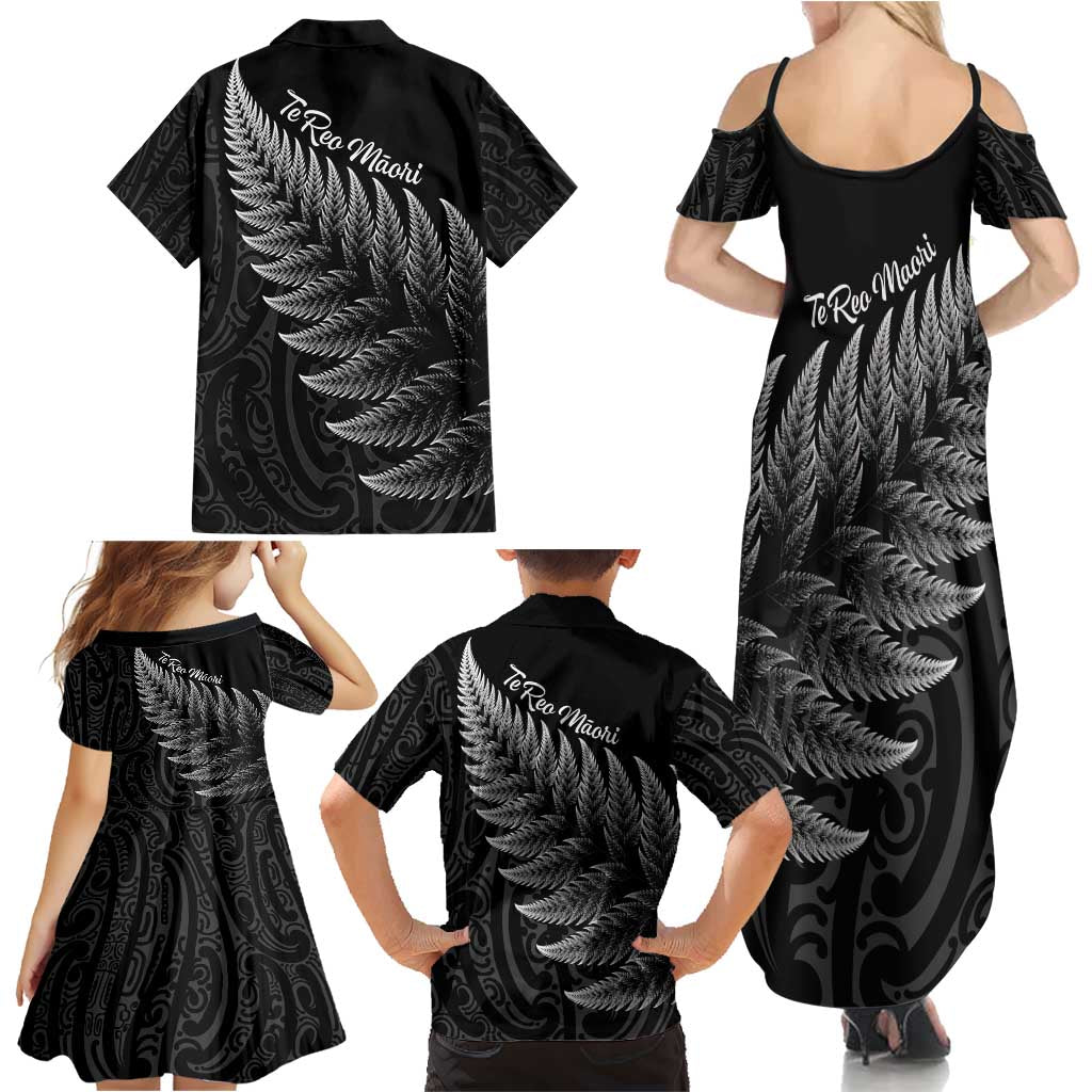 New Zealand Te Reo Mori Family Matching Summer Maxi Dress and Hawaiian Shirt Simple Black Fern LT9 - Polynesian Pride