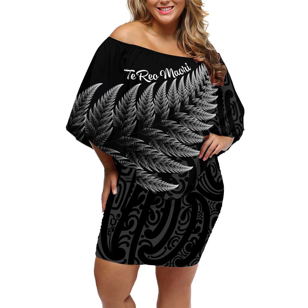 New Zealand Te Reo Māori Off Shoulder Short Dress Simple Black Fern