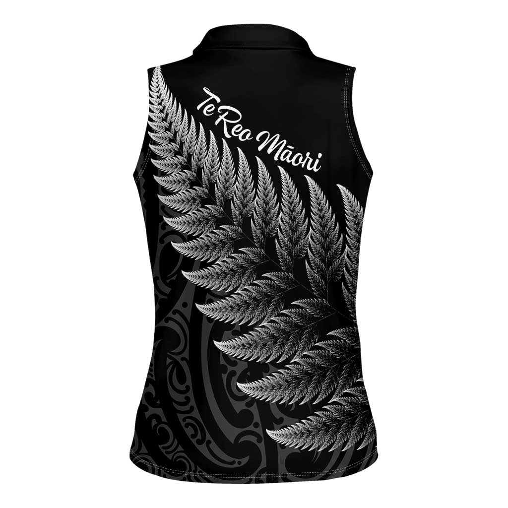 New Zealand Te Reo Mori Women Sleeveless Polo Shirt Simple Black Fern LT9 - Polynesian Pride