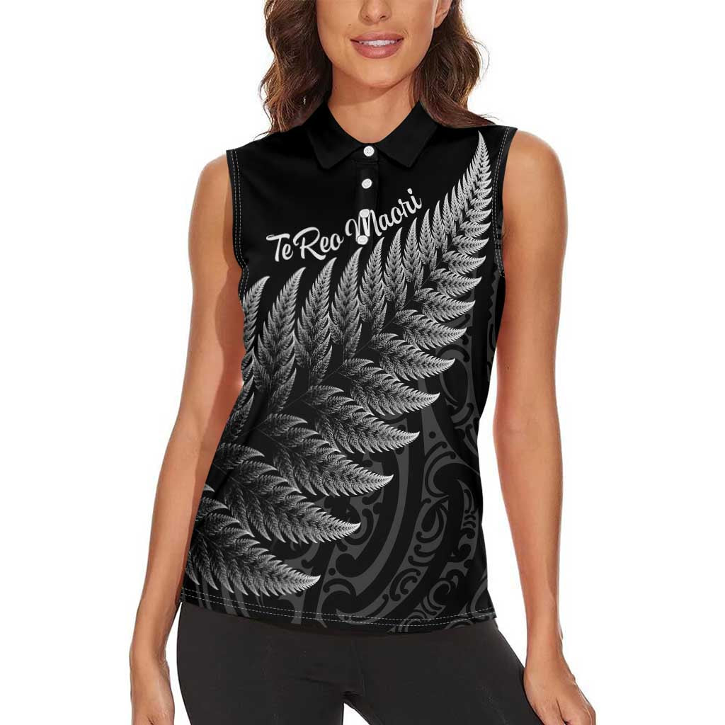 New Zealand Te Reo Mori Women Sleeveless Polo Shirt Simple Black Fern LT9 - Polynesian Pride