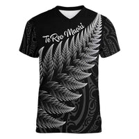 New Zealand Te Reo Mori Women V-Neck T-Shirt Simple Black Fern LT9 Female Black - Polynesian Pride
