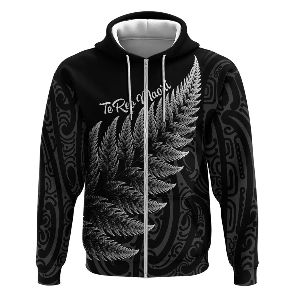 New Zealand Te Reo Māori Zip Hoodie Simple Black Fern