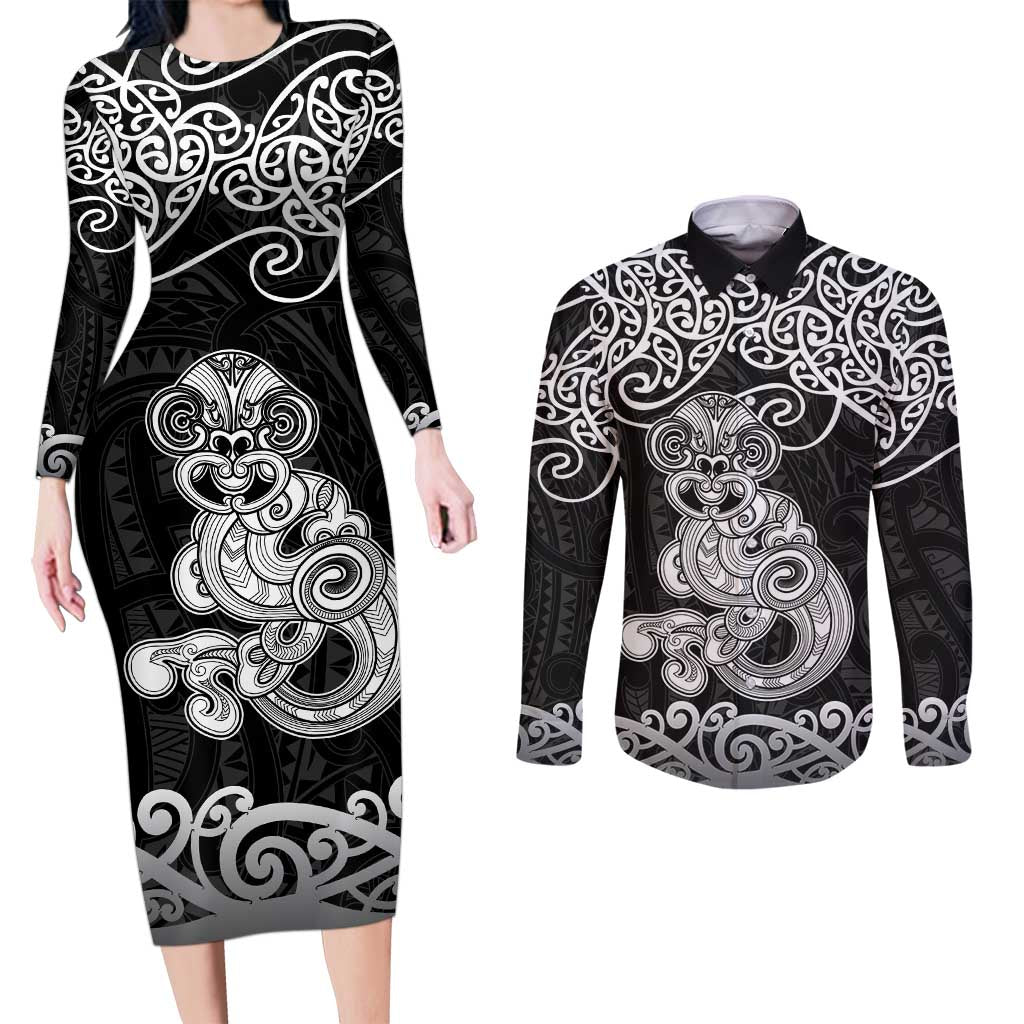 Te Reo Maori Tiki Inspired Art Couples Matching Long Sleeve Bodycon Dress and Long Sleeve Button Shirt LT9 Black - Polynesian Pride