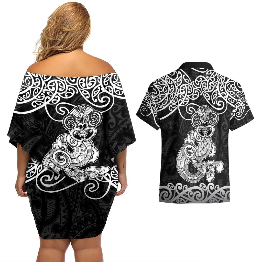 Te Reo Maori Tiki Inspired Art Couples Matching Off Shoulder Short Dress and Hawaiian Shirt
