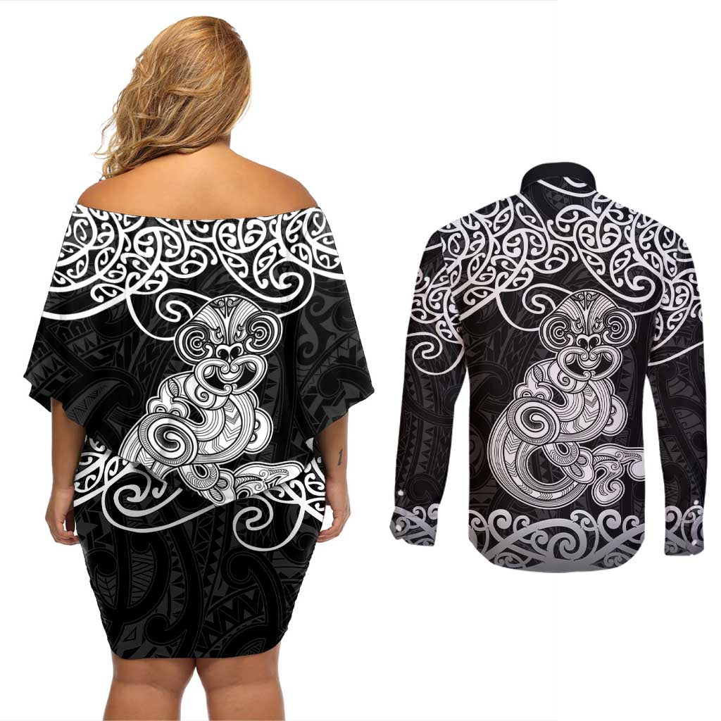 Te Reo Maori Tiki Inspired Art Couples Matching Off Shoulder Short Dress and Long Sleeve Button Shirt LT9 - Polynesian Pride