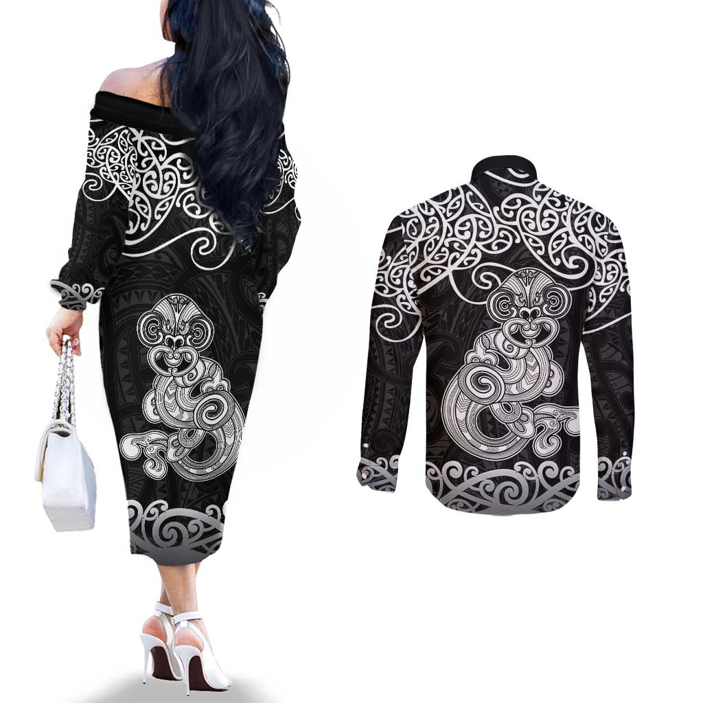 Te Reo Maori Tiki Inspired Art Couples Matching Off The Shoulder Long Sleeve Dress and Long Sleeve Button Shirt LT9 - Polynesian Pride