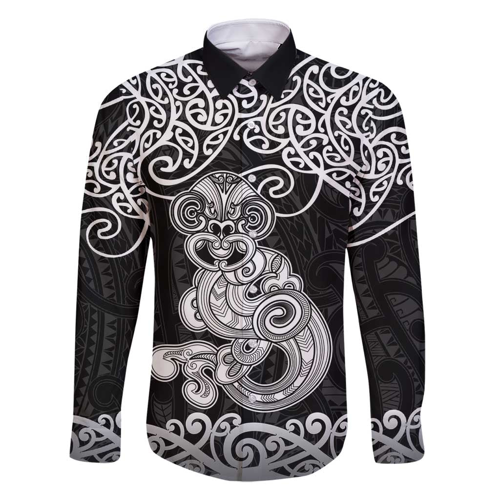 Te Reo Maori Tiki Inspired Art Family Matching Mermaid Dress and Hawaiian Shirt LT9 Dad's Shirt - Long Sleeve Black - Polynesian Pride
