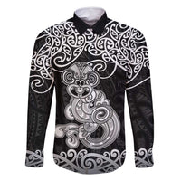 Te Reo Maori Tiki Inspired Art Family Matching Mermaid Dress and Hawaiian Shirt LT9 Dad's Shirt - Long Sleeve Black - Polynesian Pride