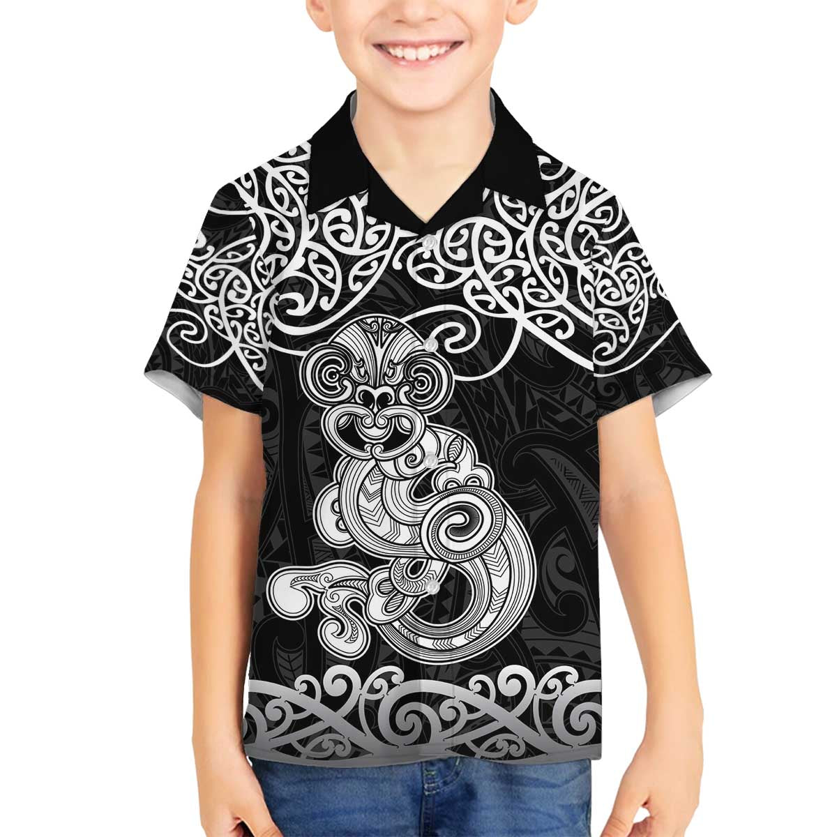 Te Reo Maori Tiki Inspired Art Family Matching Off The Shoulder Long Sleeve Dress and Hawaiian Shirt