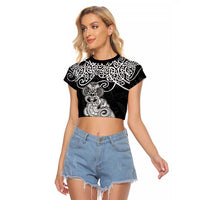 Te Reo Maori Tiki Inspired Art Raglan Cropped T Shirt LT9 Female Black - Polynesian Pride