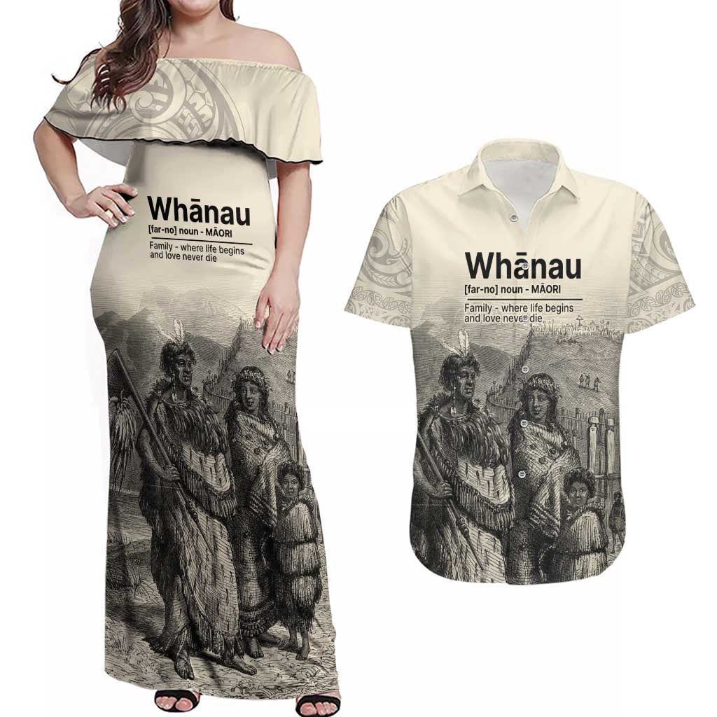 Whanau Maori Language Couples Matching Off Shoulder Maxi Dress and Hawaiian Shirt Te Reo Maori Inspired Art LT9 Nude - Polynesian Pride