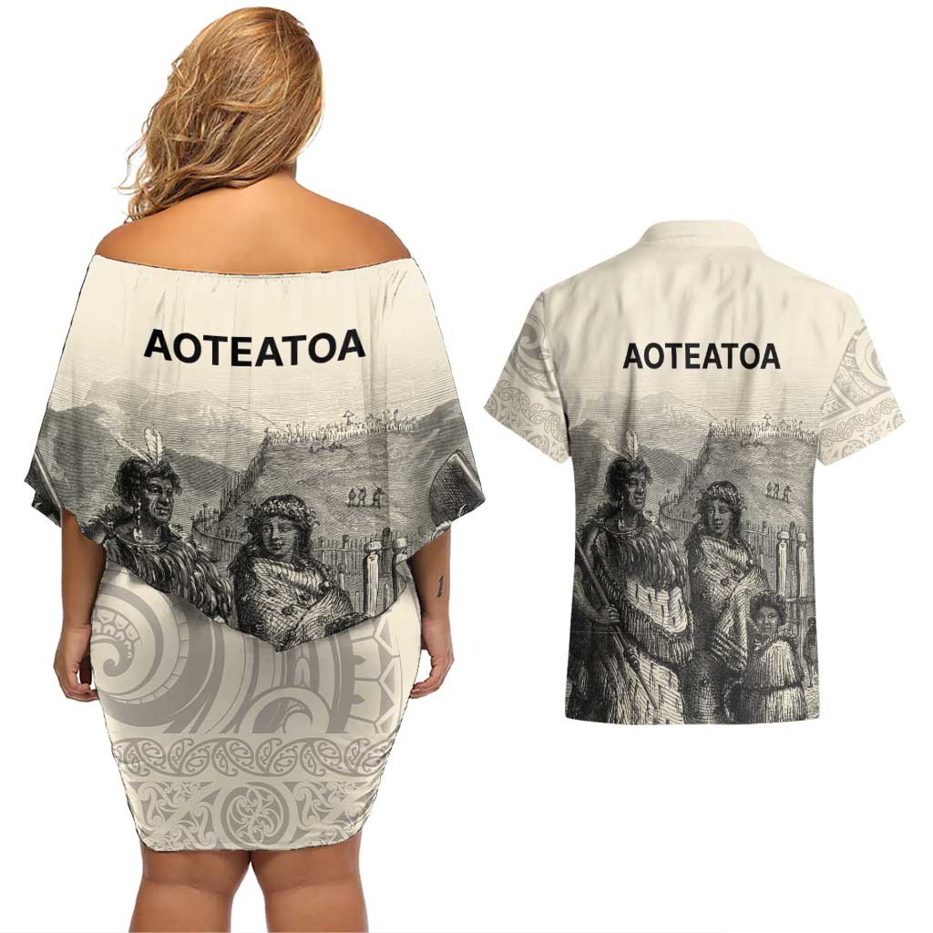 Whanau Maori Language Couples Matching Off Shoulder Short Dress and Hawaiian Shirt Te Reo Maori Inspired Art LT9 - Polynesian Pride