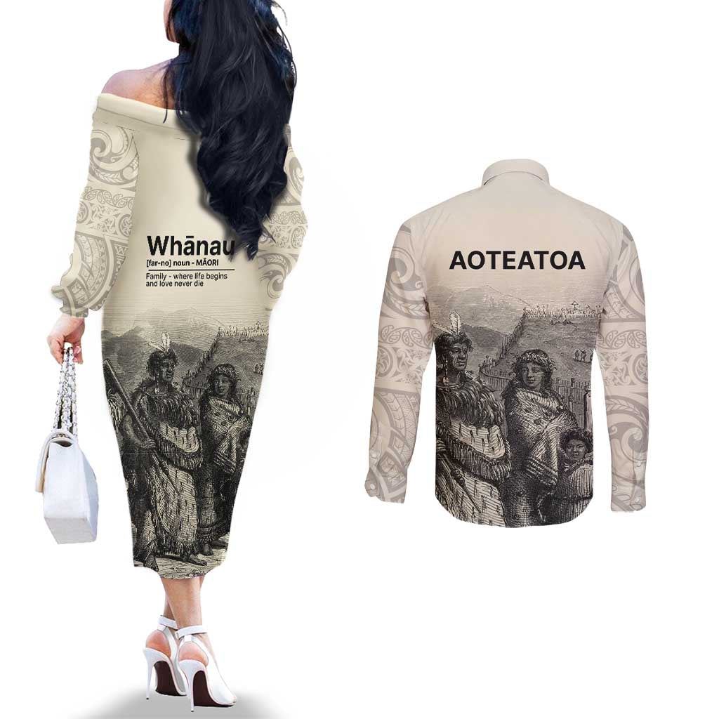 Whanau Maori Language Couples Matching Off The Shoulder Long Sleeve Dress and Long Sleeve Button Shirt Te Reo Maori Inspired Art LT9 - Polynesian Pride