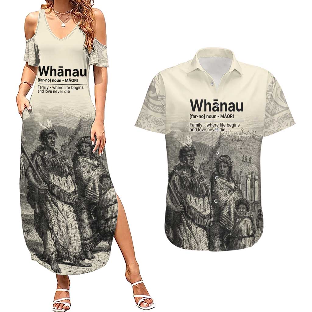 Whanau Maori Language Couples Matching Summer Maxi Dress and Hawaiian Shirt Te Reo Maori Inspired Art LT9 Nude - Polynesian Pride