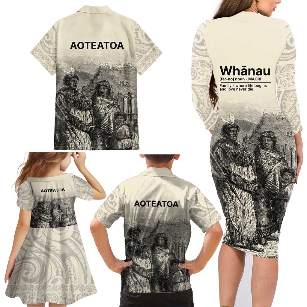 Whanau Maori Language Family Matching Long Sleeve Bodycon Dress and Hawaiian Shirt Te Reo Maori Inspired Art