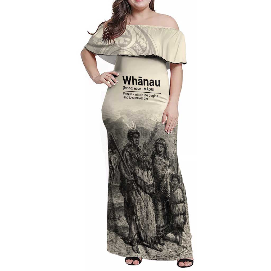 Whanau Maori Language Family Matching Off Shoulder Maxi Dress and Hawaiian Shirt Te Reo Maori Inspired Art LT9 Mom's Dress Nude - Polynesian Pride