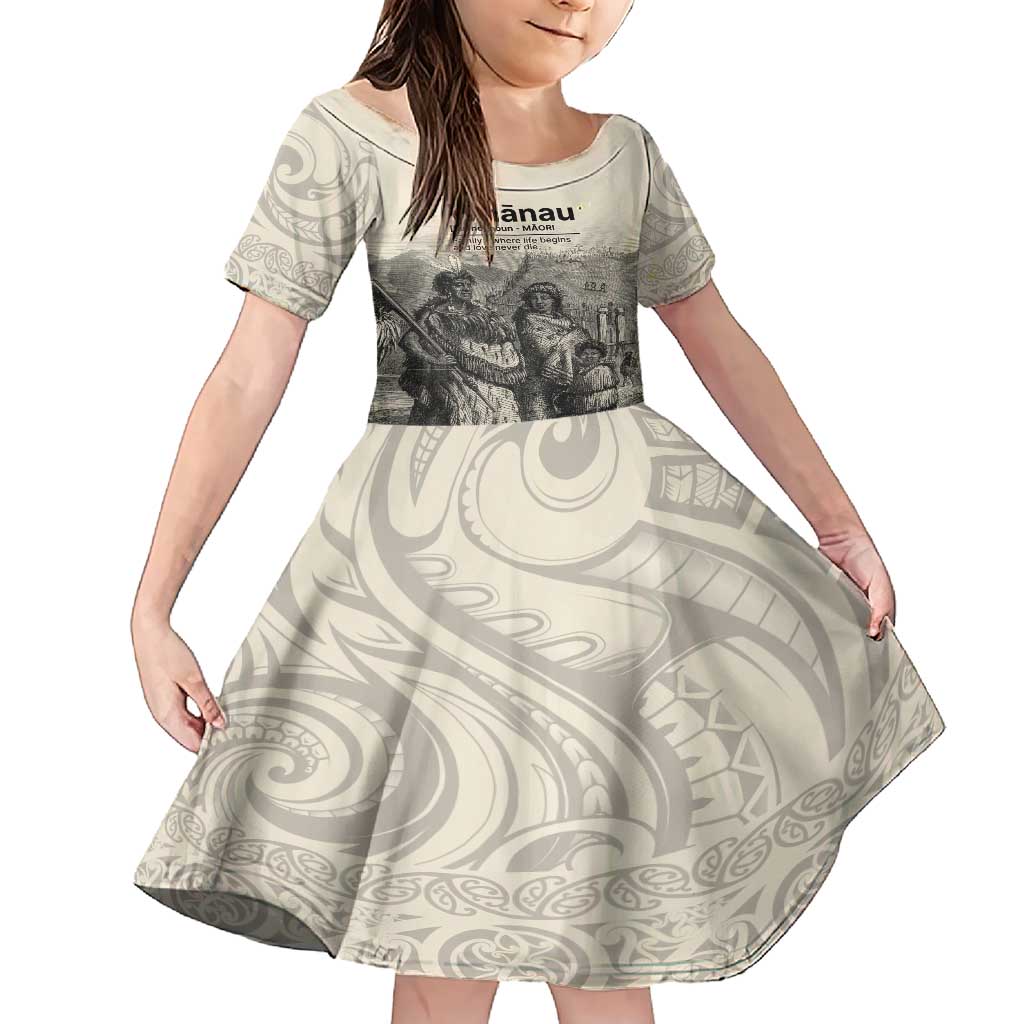 Whanau Maori Language Family Matching Short Sleeve Bodycon Dress and Hawaiian Shirt Te Reo Maori Inspired Art LT9 Daughter's Dress Nude - Polynesian Pride