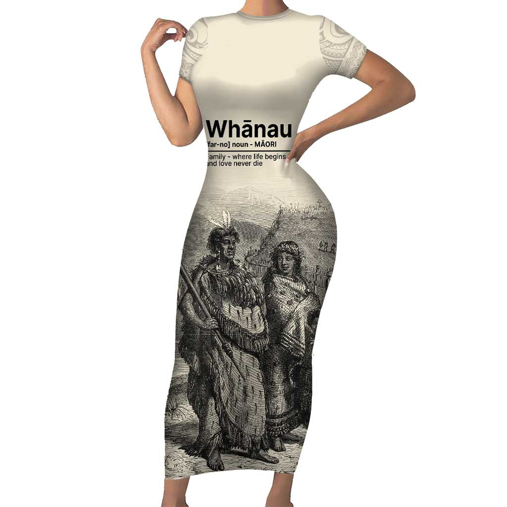 Whanau Maori Language Family Matching Short Sleeve Bodycon Dress and Hawaiian Shirt Te Reo Maori Inspired Art LT9 Mom's Dress Nude - Polynesian Pride