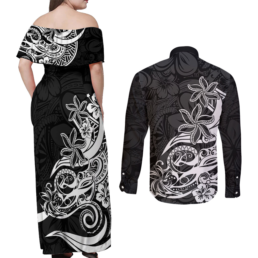 Polynesian Sunset Plumeria Couples Matching Off Shoulder Maxi Dress and Long Sleeve Button Shirts Pacific Island Tribal Black Style LT9 - Polynesian Pride