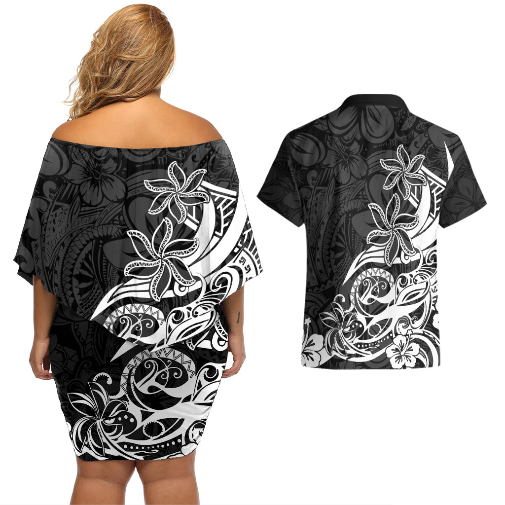 Polynesian Sunset Plumeria Couples Matching Off Shoulder Short Dress and Hawaiian Shirt Pacific Island Tribal Black Style LT9 - Polynesian Pride