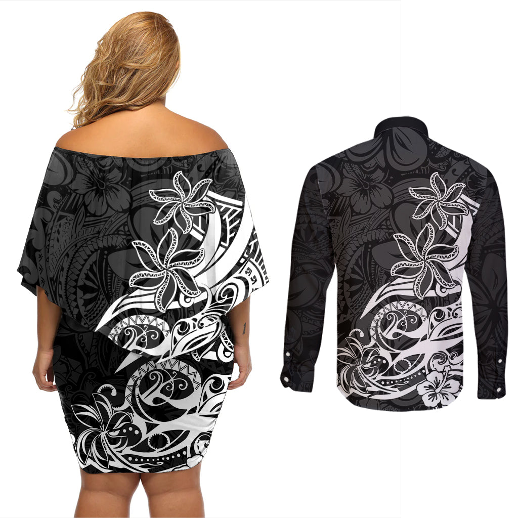 Polynesian Sunset Plumeria Couples Matching Off Shoulder Short Dress and Long Sleeve Button Shirts Pacific Island Tribal Black Style LT9 - Polynesian Pride