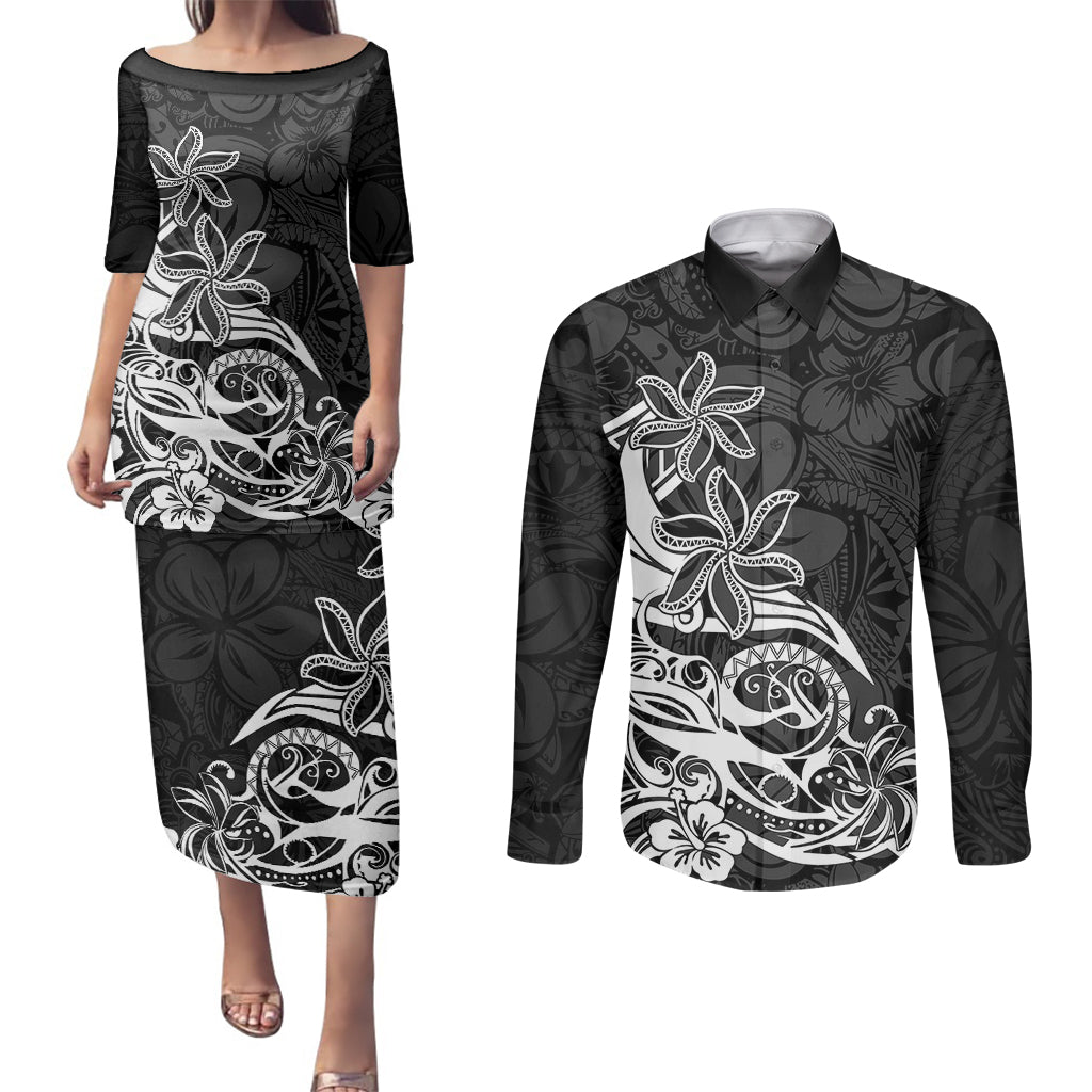 Polynesian Sunset Plumeria Couples Matching Puletasi Dress and Long Sleeve Button Shirts Pacific Island Tribal Black Style LT9 Black - Polynesian Pride