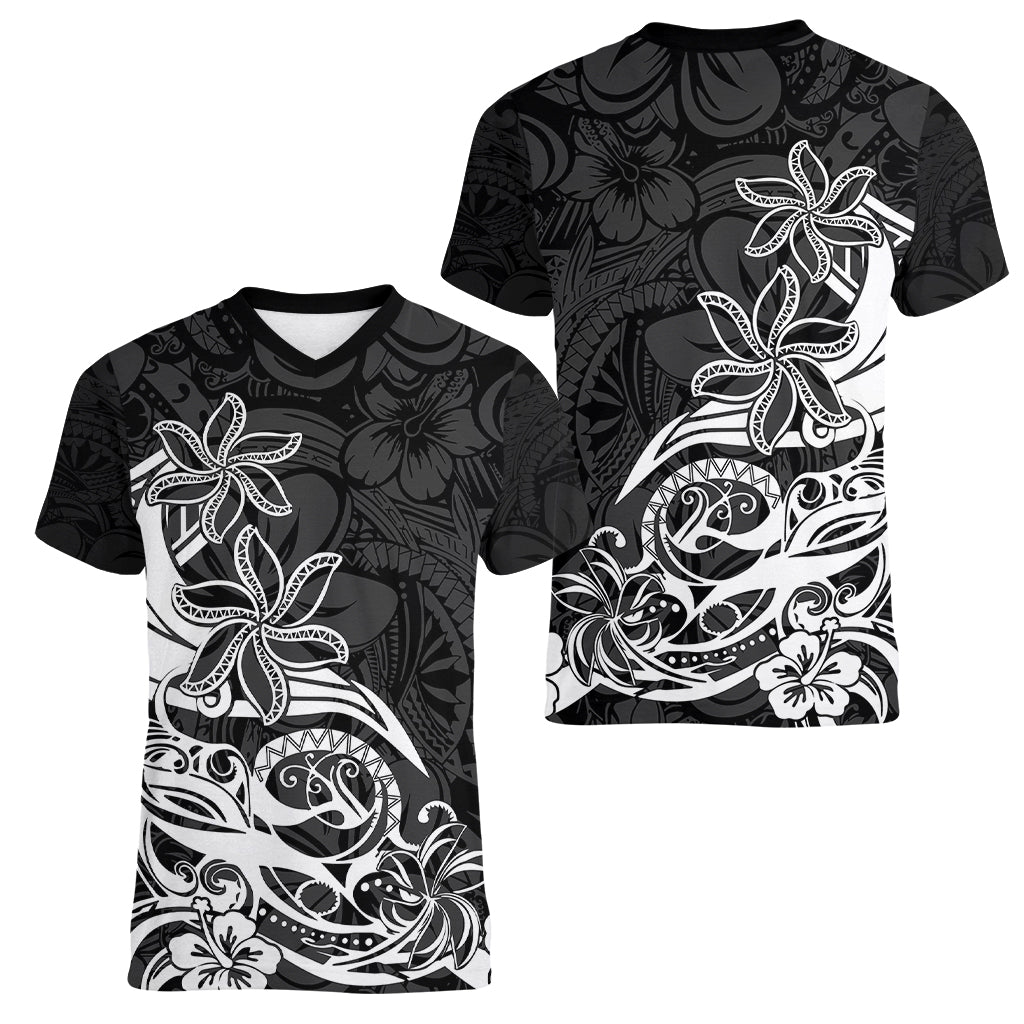 Polynesian Sunset Plumeria Women V Neck T Shirt Pacific Island Tribal Black Style LT9 - Polynesian Pride