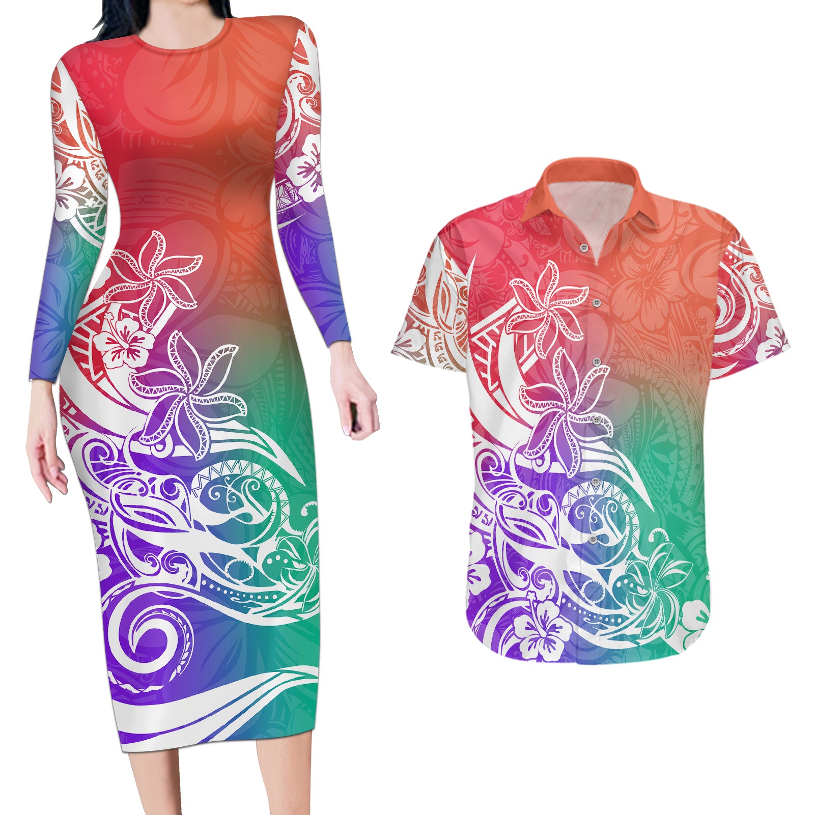 Polynesian Sunset Plumeria Couples Matching Long Sleeve Bodycon Dress and Hawaiian Shirt Pacific Island Tribal Blossom Style LT9 Blossom - Polynesian Pride