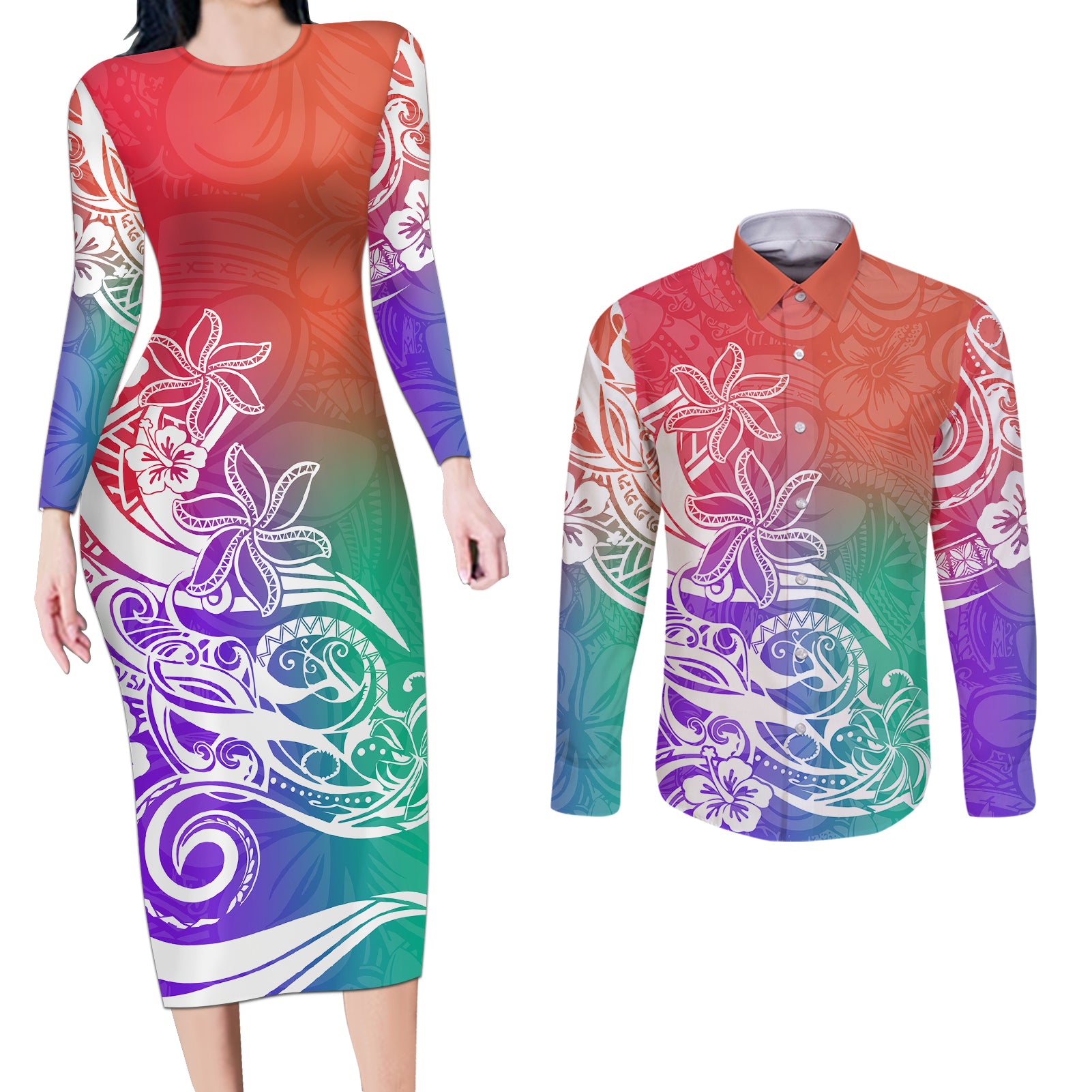 Polynesian Sunset Plumeria Couples Matching Long Sleeve Bodycon Dress and Long Sleeve Button Shirts Pacific Island Tribal Blossom Style LT9 Blossom - Polynesian Pride