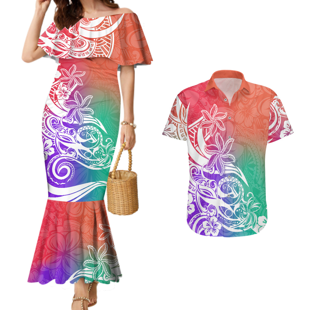 Polynesian Sunset Plumeria Couples Matching Mermaid Dress and Hawaiian Shirt Pacific Island Tribal Blossom Style LT9 Blossom - Polynesian Pride