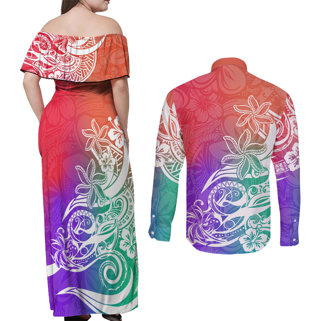Polynesian Sunset Plumeria Couples Matching Off Shoulder Maxi Dress and Long Sleeve Button Shirts Pacific Island Tribal Blossom Style LT9 - Polynesian Pride