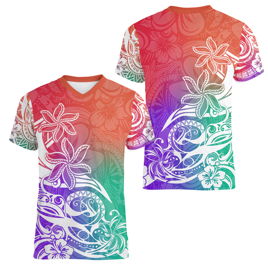 Polynesian Sunset Plumeria Women V Neck T Shirt Pacific Island Tribal Blossom Style LT9 - Polynesian Pride