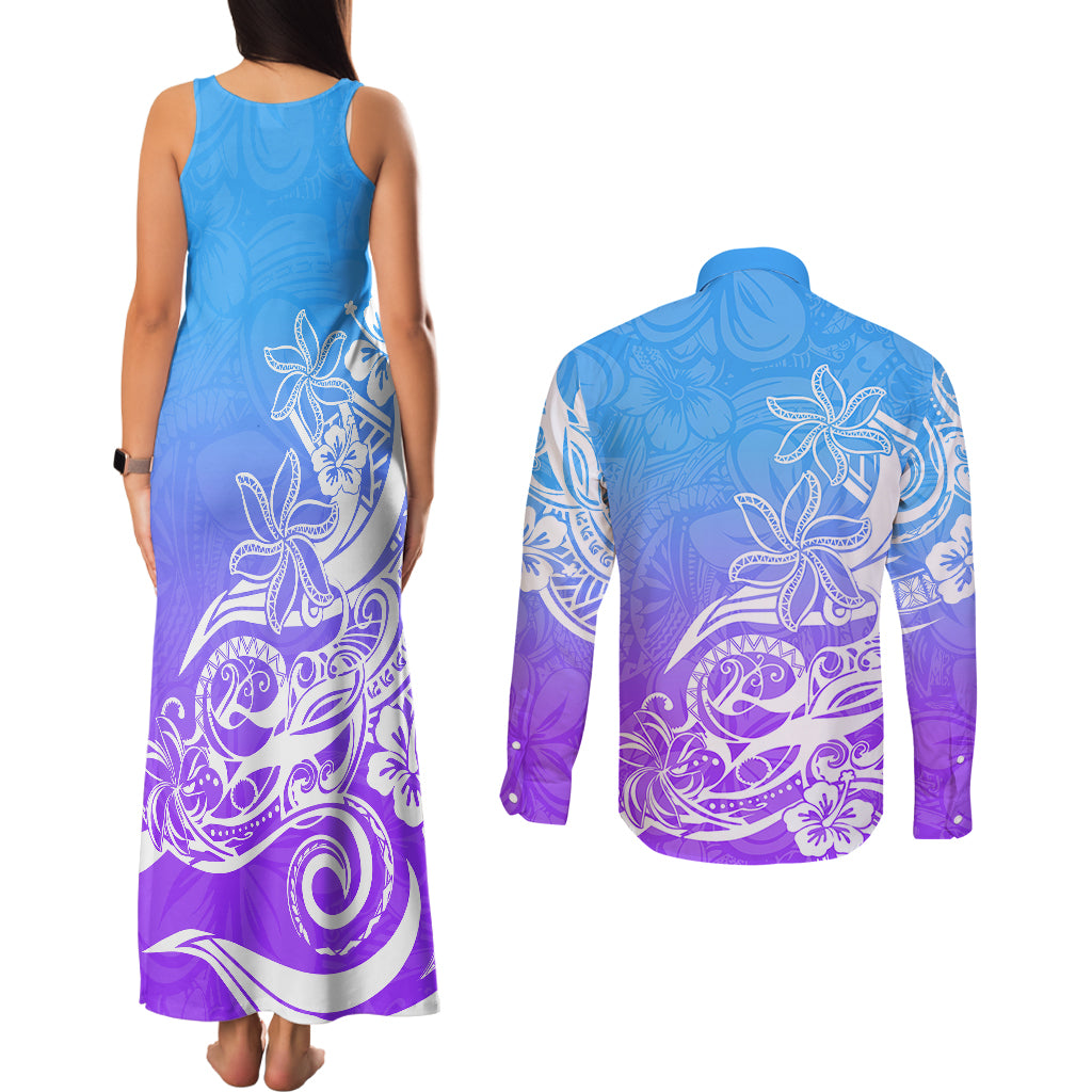 Polynesian Sunset Plumeria Couples Matching Tank Maxi Dress and Long Sleeve Button Shirts Pacific Island Tribal Blue Style LT9 - Polynesian Pride