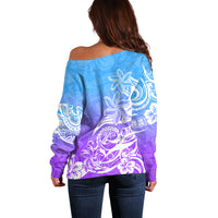 Polynesian Sunset Plumeria Off Shoulder Sweater Pacific Island Tribal Blue Style LT9 - Polynesian Pride