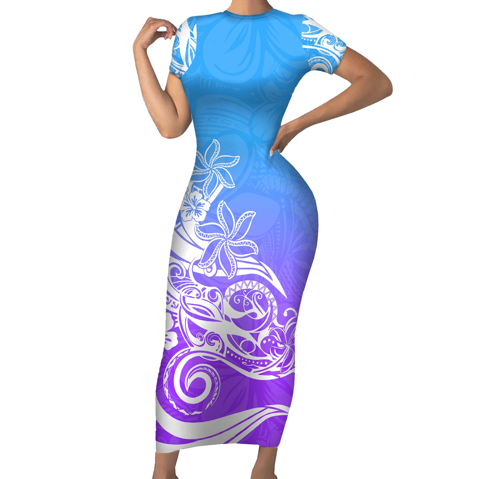 Polynesian Sunset Plumeria Short Sleeve Bodycon Dress Pacific Island Tribal Blue Style LT9 Long Dress Blue - Polynesian Pride